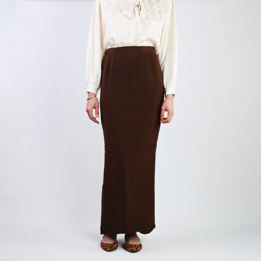 Vintage Maxi Satin Skirt Brown High Waisted Silky Prairie Cottagecore Secretary